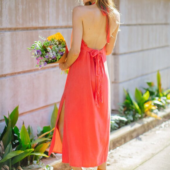 Bella Dahl Smocked Waist Halter Midi Dress in Azaleza NWOT - Picture 1 of 7